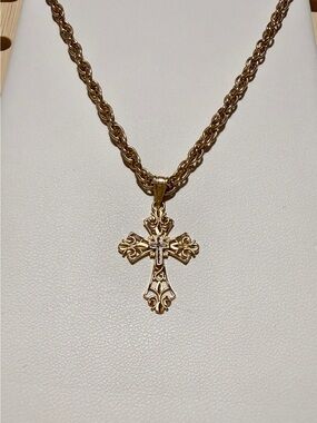 Vintage 14K Gold Michael Anthony Cross Pendant & 12K GF Rope Chain Necklace Set